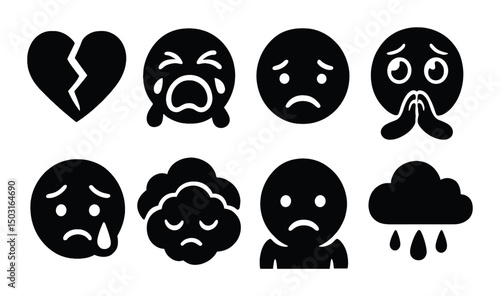 Sad emoji silhouette icons set – simple emotion, feeling, expressing symbols
