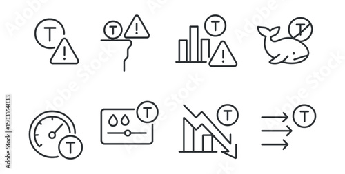 Line style icons of token launches: token unlock warning icon, vesting cliff alert, investor token dump alert, anti-whale mechanism icon, token velocity monitor, liquidity release dashboard, sell