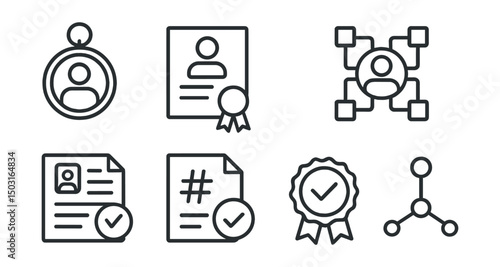 Line style icons of digital identity: identity proof token, digital certificate icon, signed data credential, blockchain-verified identity, attestation record icon, document hash verification, issuer