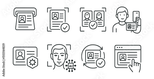 Line style icons of digital identity: ID photo scanner, OCR verification icon, face match tool, selfie with document prompt, hologram detection badge, identity check AI tool, auto-verification
