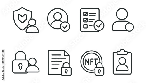 Line style icons of digital identity: DAO identity membership, verified community member badge, voting eligibility proof, access control icon, private content unlock, NFT gated access icon, whitelist