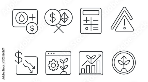 Line style icons of crypto farming: LP token minting icon, liquidity pair badge, pool share calculator, slippage warning symbol, impermanent loss alert, yield optimization tool, farming profit/loss
