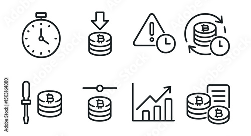 Line style icons of crypto staking: staking duration timer, unstake request icon, cooldown period warning, auto-compounding staking icon, stake reallocation tool, minimum stake threshold, staking