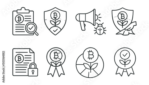 Line style icons of crypto farming: smart contract audit for farms, farming protocol security badge, farming bug bounty notice, rug pull protection icon, locked liquidity contract, verified farming