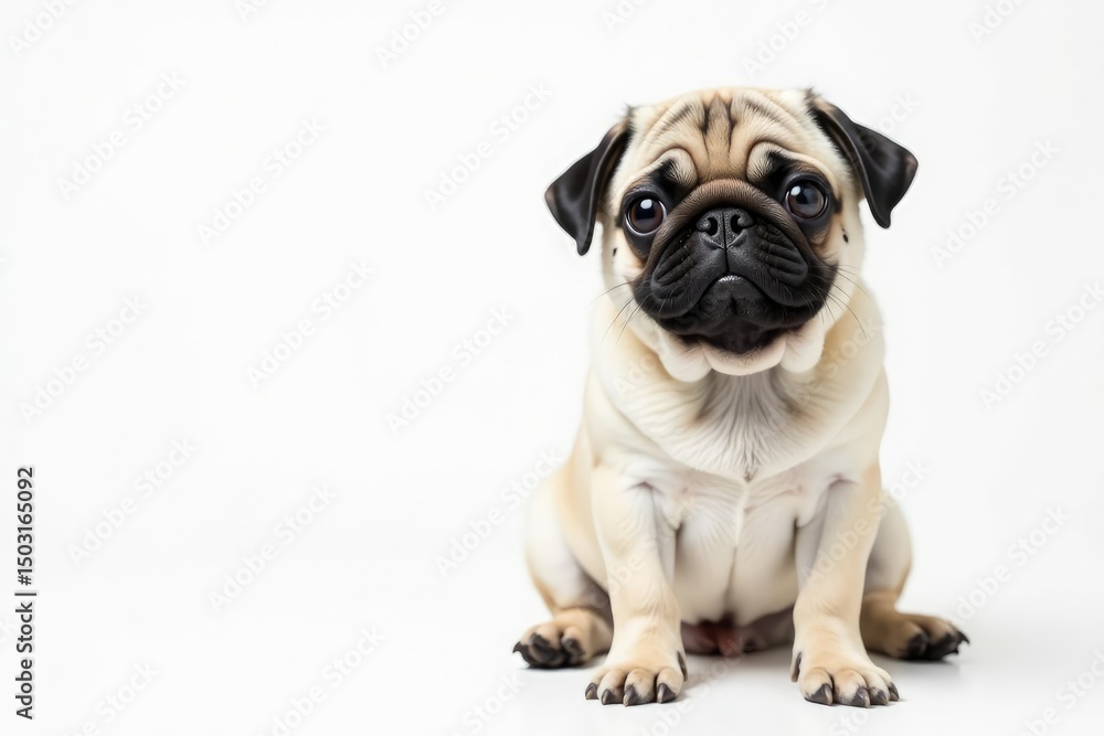 Fototapeta premium Adorable pug dog sits, isolated on white background, purebred, breed