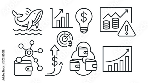 Line style icons of crypto forecasts: analyst prediction badge, expert commentary bubble, newsletter forecast report, crypto blog opinion badge, influencer prediction trend, community poll forecast,
