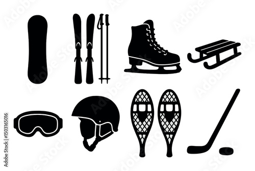 Winter sports gear silhouette icons set – snow, skiing, and ice skating symbols