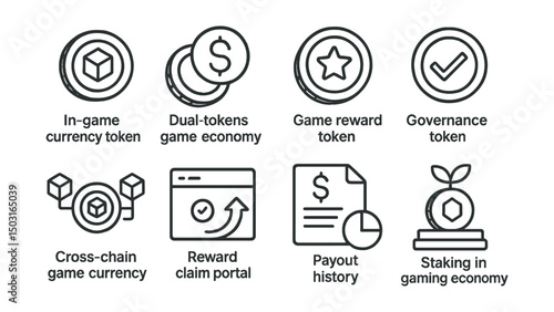Line style icons of blockchain gaming: in-game currency token, dual-token game economy, game reward token, governance token for game, cross-chain game currency, reward claim portal, payout history