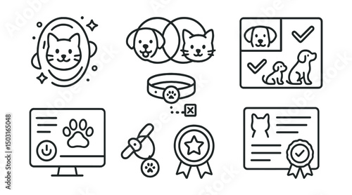 Line style icons of multiverse apps: multiverse pet icon, companion animal across worlds, synced behavior panel, pet evolution tracker, universal pet command panel, accessory sync for pets, training