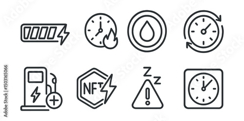 Line style icons of blockchain gaming: energy bar tracker, cooldown timer icon, stamina cost badge, regeneration counter, energy top-up option, NFT energy refill token, fatigue penalty alert,