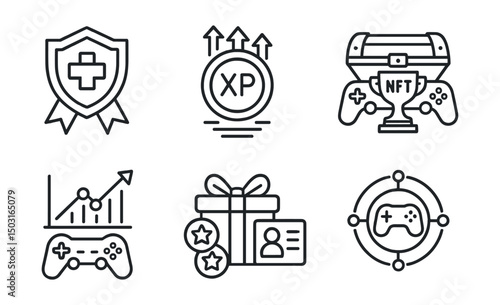 Line style icons of blockchain gaming: cross-game achievement badge, universal XP system, NFT trophy display, multi-game reward chest, inter-game progress tracker, loyalty bonus across titles,