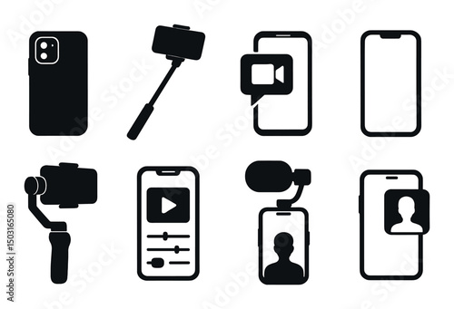 Mobile video silhouette icons set – film, recording, multimedia app graphics
