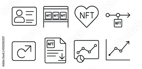 Line style icons of NFT galleries: collector profile dashboard, owned NFTs shelf, wishlist token icon, purchase history timeline, share collection button, export gallery card, portfolio overview