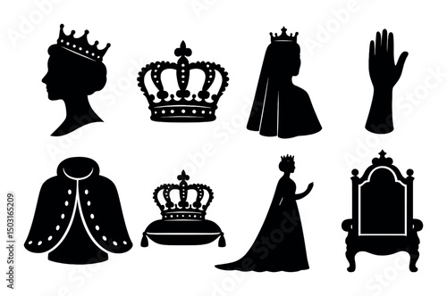 Royal themed silhouette icons set – monarchy, regal, and crown symbols