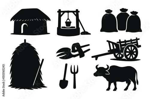 Rural indian life silhouette icons set – traditional, countryside and cultural symbols