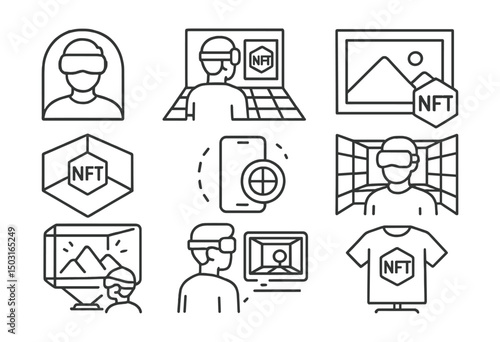 Line style icons of NFT crafting: preview in metaverse mode, avatar test view, virtual wall display icon, 3D space placement, AR marker toggle, immersive preview room, hologram frame viewer, wearable