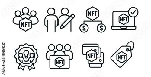 Line style icons of NFT crafting: community collab mint, co-creator field icon, royalty split for teams, shared creator NFT, DAO-approved mint process, joint creative badge, multiple wallet