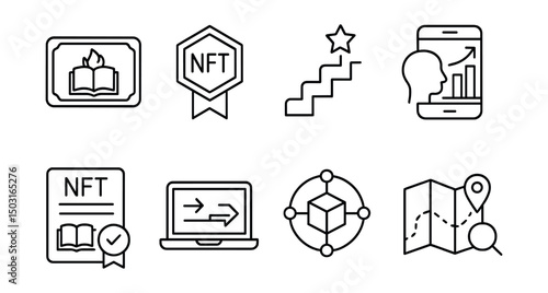 Line style icons of NFT education: lifelong learning token, micro-credential badge, skill stacking pathway, personal growth tracker, re-skilling NFT program, career transition module,