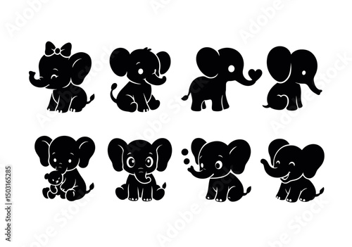 Adorable elephant silhouette icons set – playful, cute animal design collection
