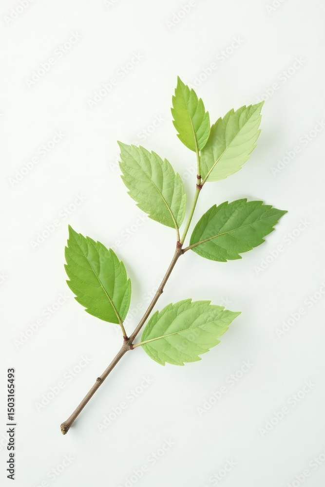 Fototapeta premium A single isolated branch with delicate leaves on a white background, nature, serenity