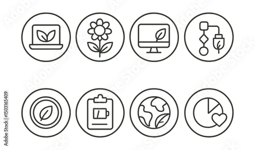 Line style icons of remote Web3 work (circular): eco-conscious work badge, sustainable productivity icon, circular workspace energy tracker, green workflow seal, remote eco token, low-energy task