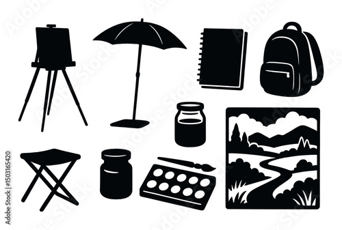 Plein air painting silhouette icons set – outdoor, art, nature drawing essentials
