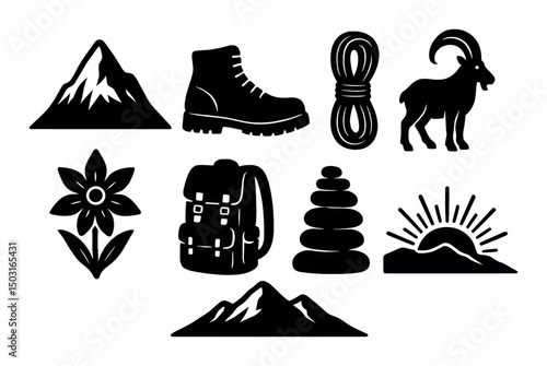 Mountain adventure silhouette icons set – hiking, exploration and nature symbols