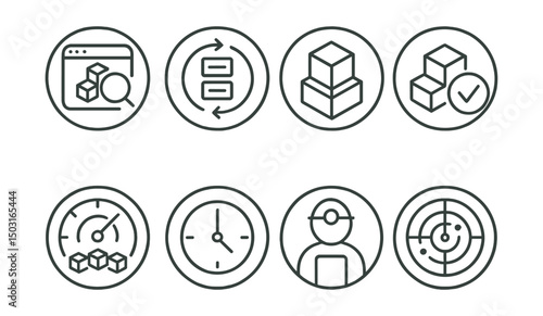 Line style icons of Web3 infrastructure (circular): blockchain explorer icon, transaction history ring, block viewer badge, hash verification bubble, block height dial, timestamp tracker, miner ID