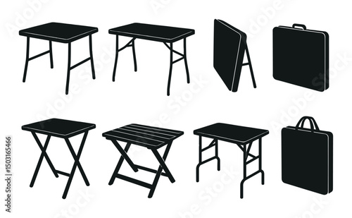 Folding table silhouette icons set – simple, furniture and portable designs
