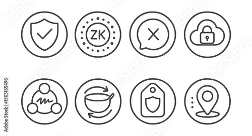 Line style icons of Web3 infrastructure (circular): privacy layer badge, zk-proof ring, confidential transaction bubble, encrypted data storage icon, ring signature dial, mixer protocol icon,