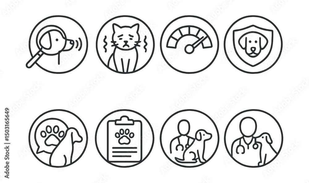 Line style icons of veterinary care (circular): animal behavior analysis, pet anxiety icon, stress level dial, fear-free badge, training support bubble, behavior log tracker, calming aid icon, vet Line style icons of veterinary care (circular): animal behavior analysis, pet anxiety icon, stress level dial, fear-free badge, training support bubble, behavior log tracker, calming aid icon, vet