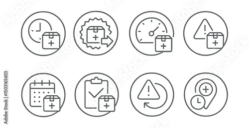 Line style icons of medicine delivery (circular): delivery time slot icon, express shipping badge, next-day delivery dial, urgent delivery alert, flexible window picker, scheduled order bubble, delay