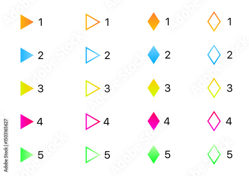 flèche, Arrow bullet list icons symbol set for PowerPoint presentations. Collection of arrow-style bullet points perfect for slides and infographics. Vector illustration for clean layouts.