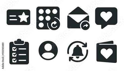 Customer loyalty silhouette icons set – simple retention and rewards program graphics