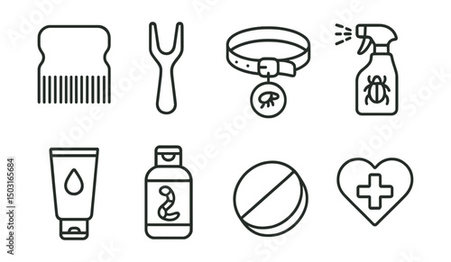 Line style icons of pet care: flea comb, tick remover, anti-parasite collar, flea spray, skin treatment tube, parasite shampoo, deworming tablet, vet-approved treatment.