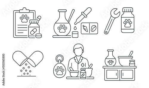 Line style icons of veterinary pharmacy: custom compound prescription, vet compounding lab icon, flavor selection dropper, dose adjustment tool, mixed-formula capsule, personalized pet med tag,