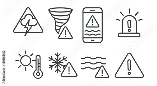 Line style icons of weather alerts: thunderstorm alert, tornado warning, flood notification, weather emergency siren, heat advisory icon, cold snap warning, fog alert, severe weather triangle.