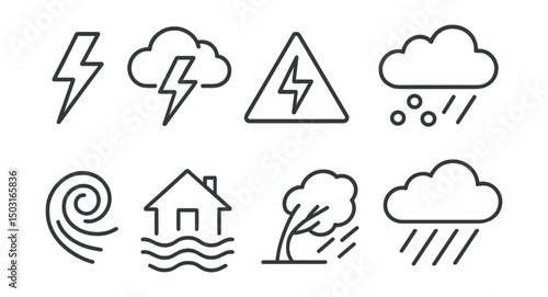 Line style icons of stormy weather: lightning bolt, thundercloud, storm warning, hailstones, flash flood icon, severe wind swirl, tree bending in storm, dark front edge.