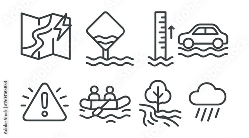 Line style icons of extreme weather: flash flood map, flooded street sign, water level gauge, car in flood icon, evacuation alert badge, emergency rescue boat, overflowing river symbol, rain