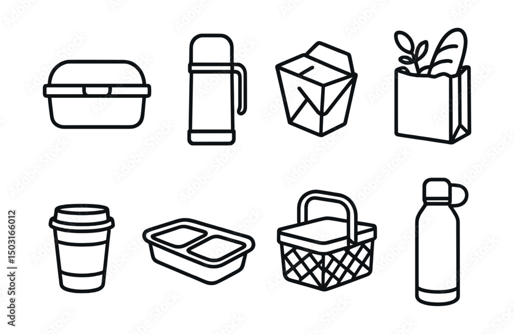 Line style icons of food and drink containers: lunchbox, thermos, takeaway box, grocery bag, paper cup, food tray, picnic basket, insulated bottle. Line style icons of food and drink containers: lunchbox, thermos, takeaway box, grocery bag, paper cup, food tray, picnic basket, insulated bottle.