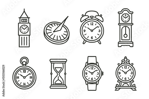 Line style icons of time: historical clock tower, sundial icon, vintage alarm clock, grandfather clock, pocket watch badge, old hourglass symbol, antique wristwatch, ornate timepiece.