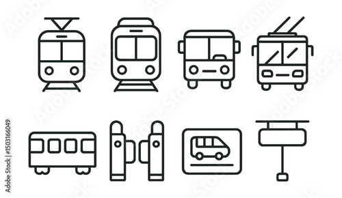 Line style icons of public transport: tram, subway train, city bus, trolleybus, train carriage, metro gate, transport pass card, platform sign.