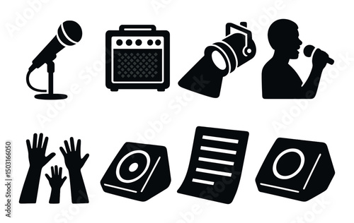 Concert and music events icons set – silhouette, musical and entertainment designs