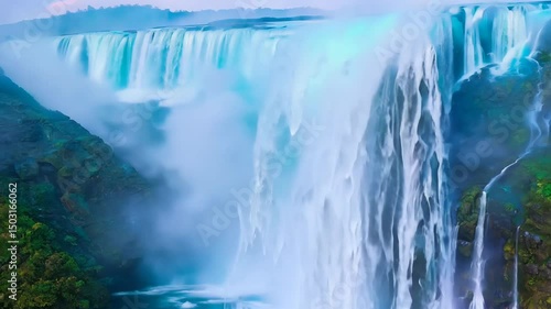 Majestic Waterfall Scenery Stunning Turquoise Water Cascade, Lush Greenery, Nature's Beauty in 4k.