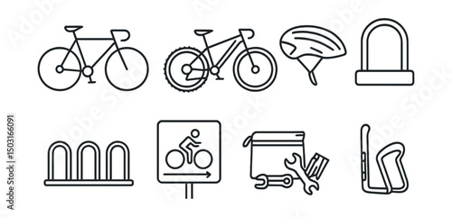 Line style icons of bicycle transport: road bike, mountain bike, helmet icon, bike lock, bike rack, cycle path sign, repair kit, water bottle holder.