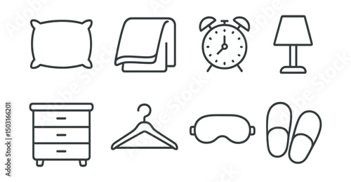 Line style icons of bedroom elements: pillow, blanket, alarm clock, bedside lamp, dresser, clothes hanger, sleep mask, bedroom slippers.