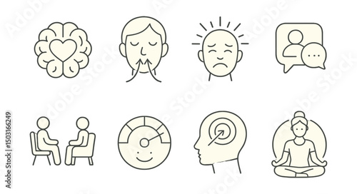 Line style icons of mental health: brain with heart, calm breathing icon, stress relief symbol, support chat bubble, therapy session, mood tracker, mental focus icon, meditation badge.