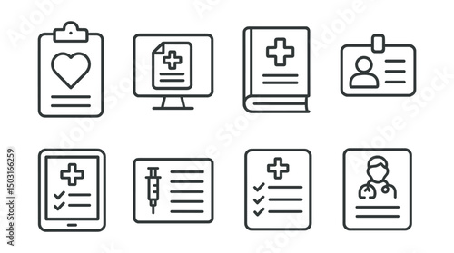 Line style icons of health records: clipboard with heart, digital medical file, health history book, ID card with cross, electronic health record icon, vaccination card, treatment log, doctor’s note.