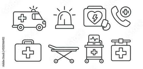 Line style icons of emergency care: ambulance, siren light, defibrillator, emergency phone icon, first aid kit, trauma stretcher, crash cart, emergency room sign.