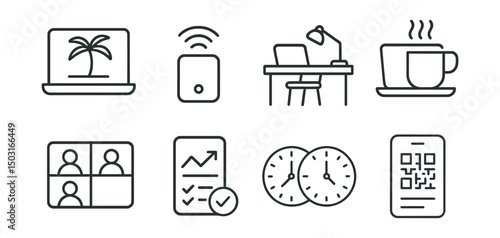Line style icons of digital nomad travel: laptop with palm tree, portable Wi-Fi, coworking space desk, coffee shop work icon, remote team call, productivity tracker, time zone overlap, digital pass.